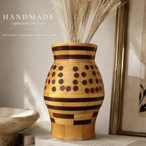 Studio Wood Turned Handmade Artisan Segmented Inlay Pottery Style Vase Vessel